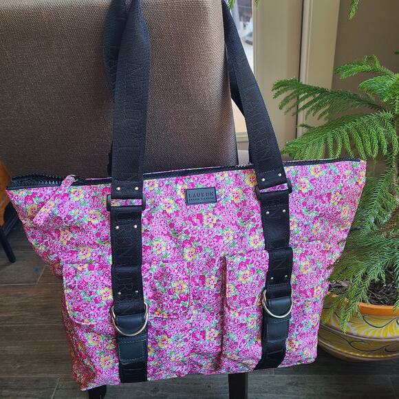 Lauren Ralph Lauren Handbags - LAUREN‎ Ralph Lauren Large Pink Floral Nylon Travel Tote Beach Black Bag Purse